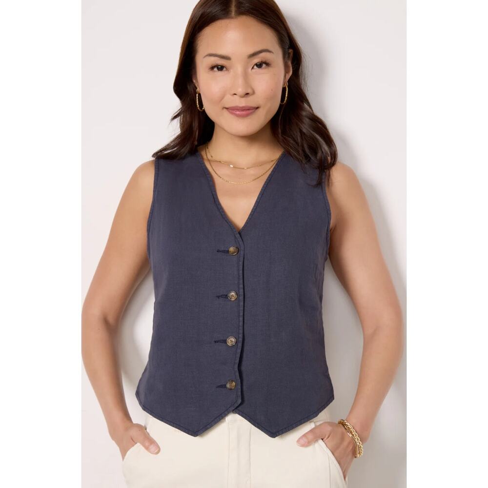 Faherty Monterey Linen Vest Womens Medium Aftermidnight Blue Cropped V-Neck